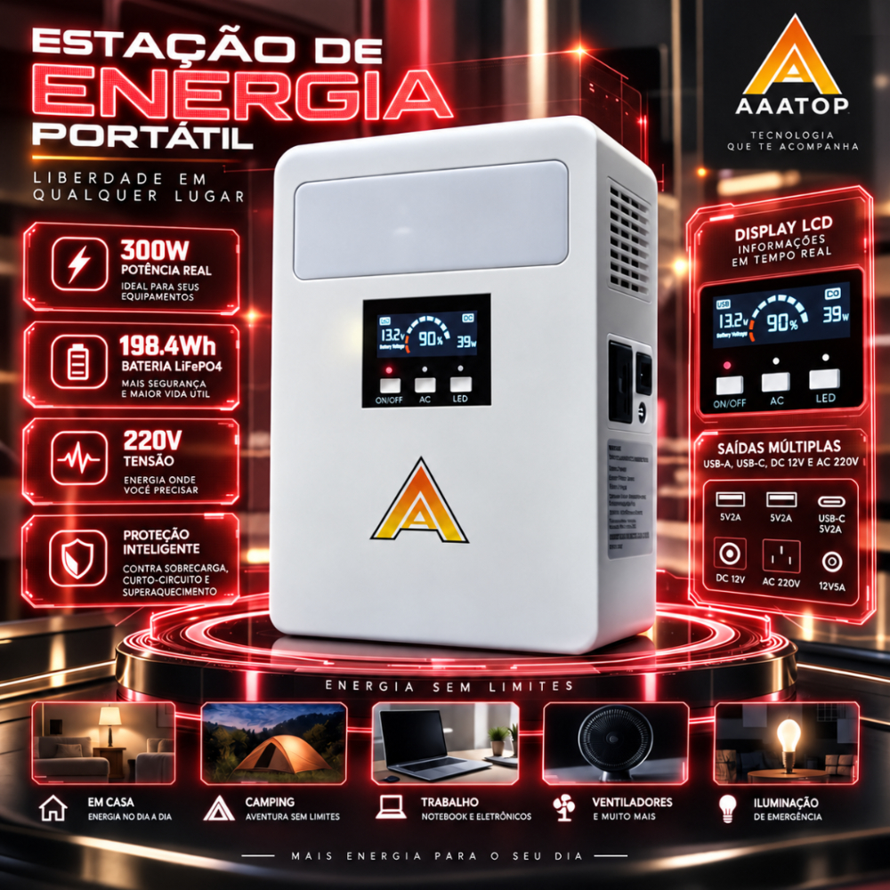 Estação de Energia Portátil 110V/220V | Gerador Recarregável para Casa, Trabalho, Camping, Portátil de Emergência