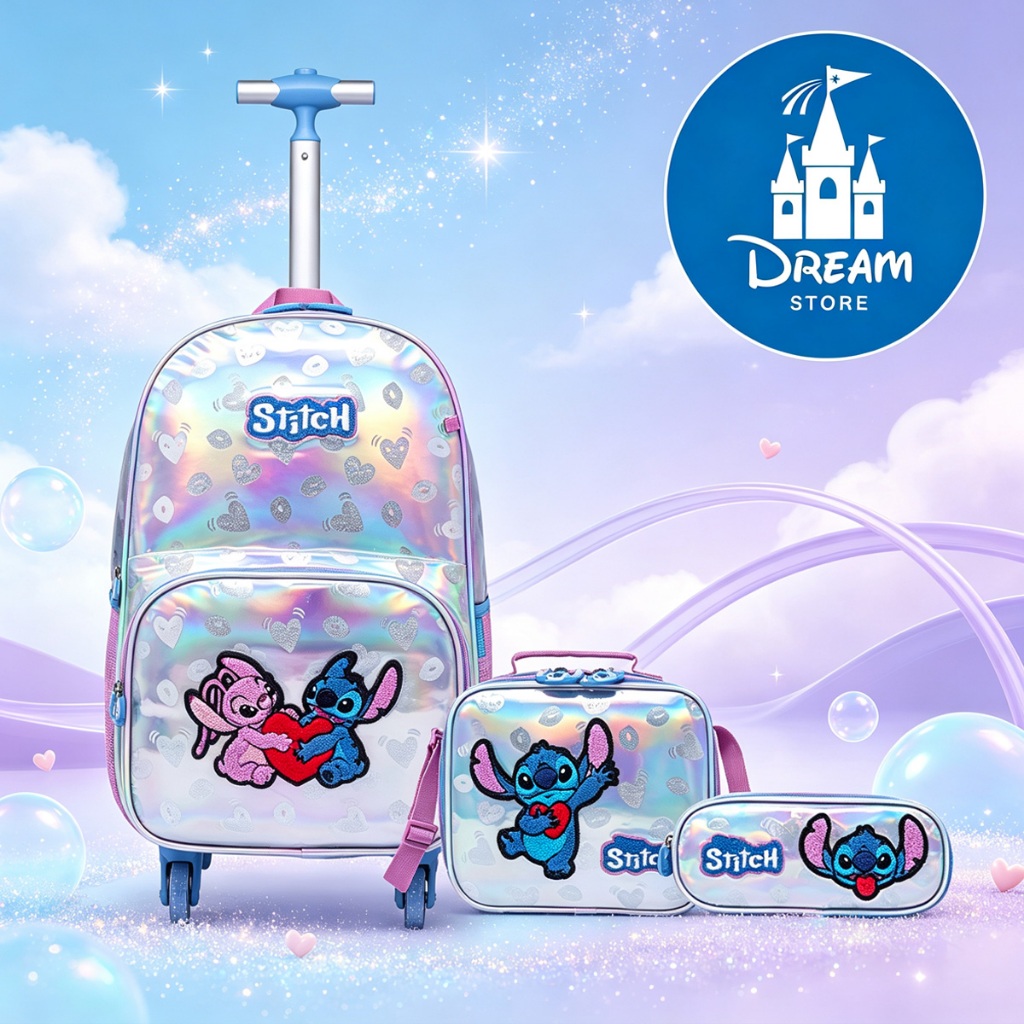 Kit Mochila Rodinhas Stitch Disney Escolar Feminina Lancheira Estojo