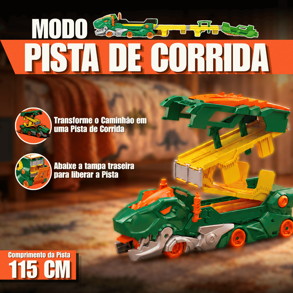 Caminhão Dinossauro 3 em 1 Engole Carros Pista Dupla Lançador Dino Truck 2 Carrinhos — imagem 2 de 2
