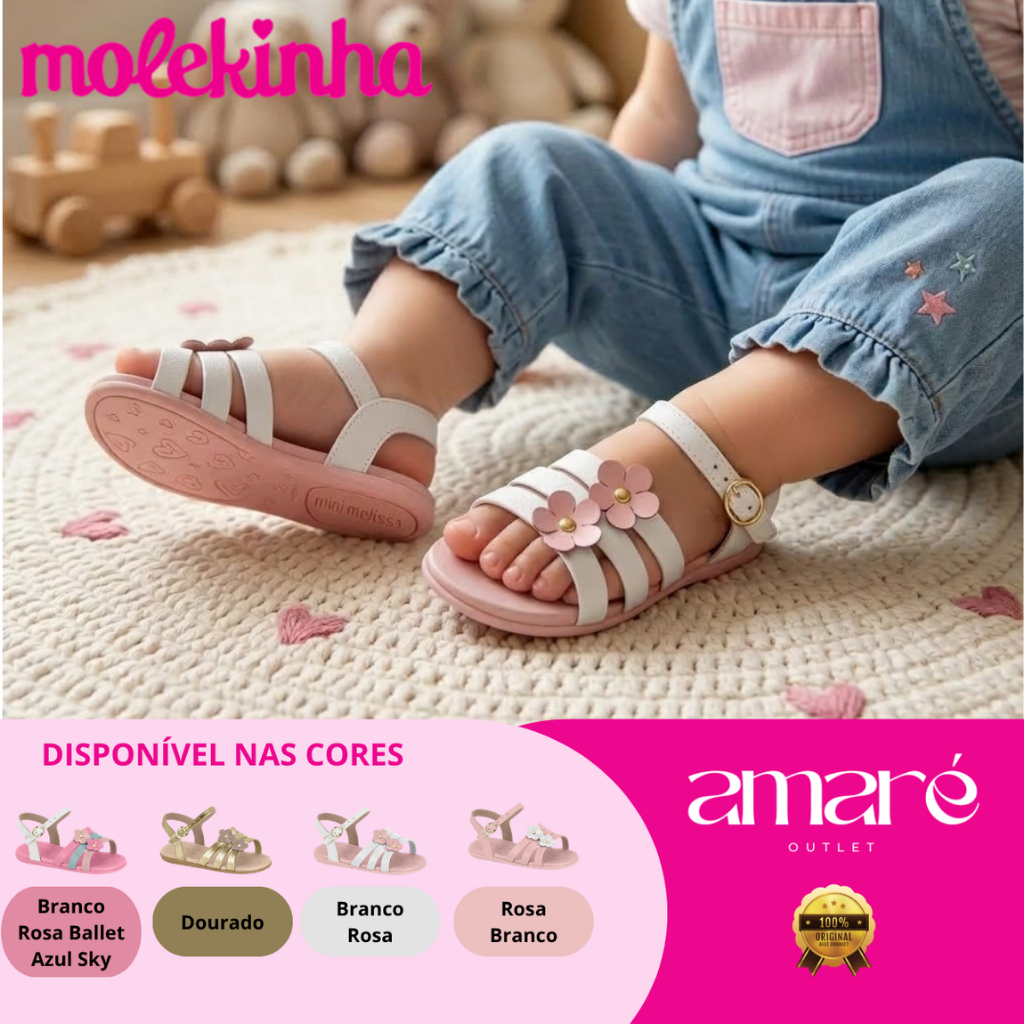 Sandália Molekinha Infantil Rasteira Bebê Rasteirinha Confortável Meninas Baby Leve Flor Original