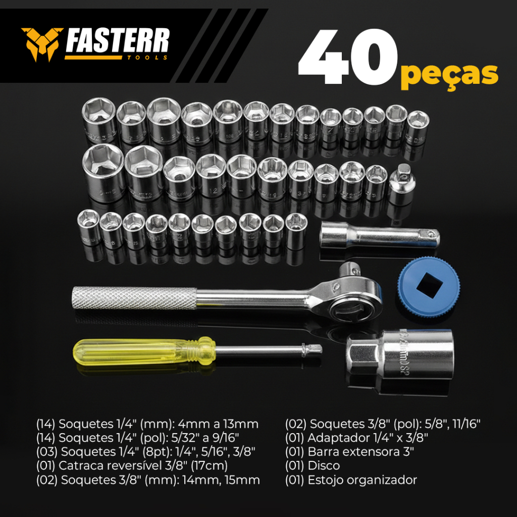Jogo de Soquetes 1/4-3/8 com 40 Peças FST003M - FASTERR · foto 2