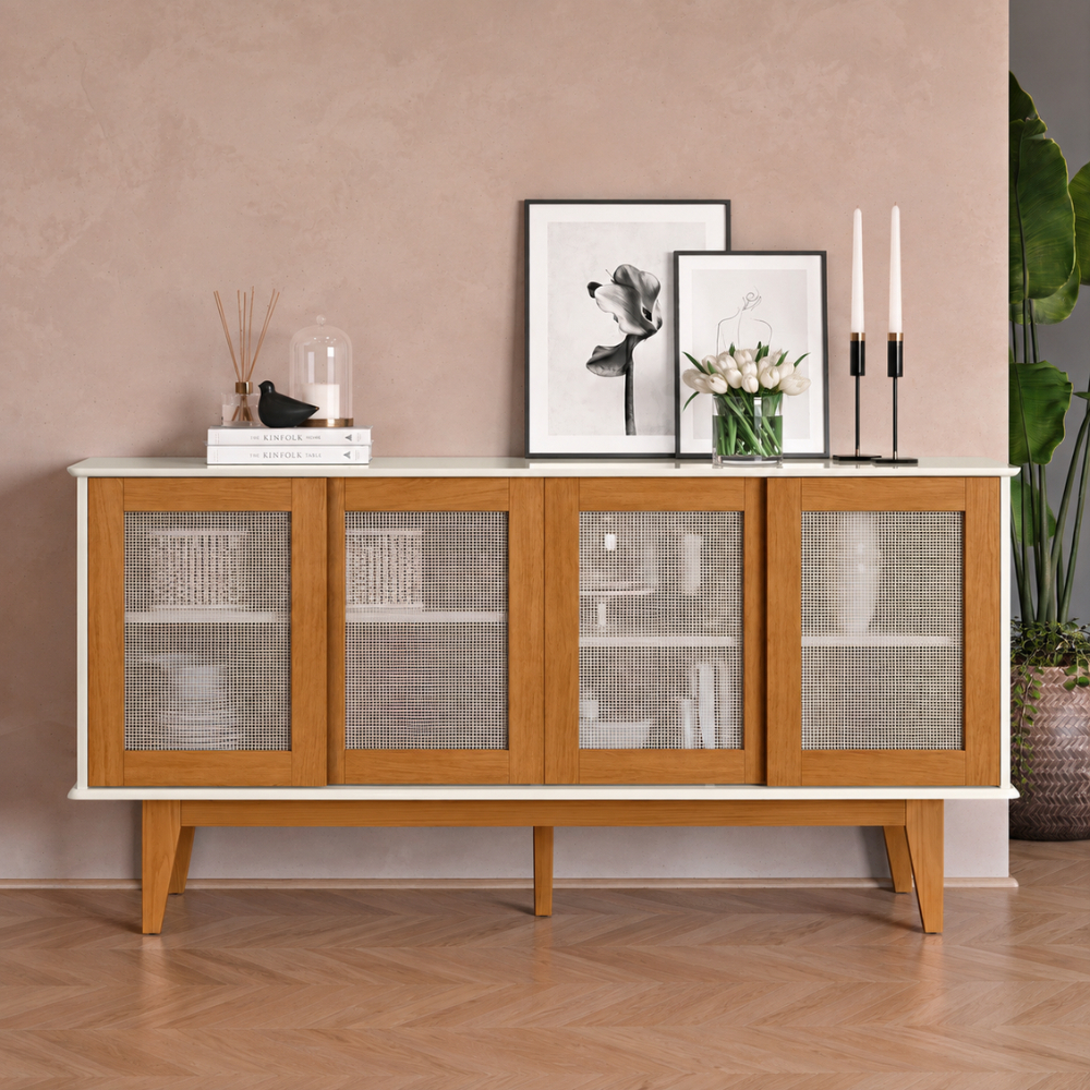 Buffet Aparador Detroit 4 Portas MDF Detalhe em Tela Ratã Retro Pés em Madeira - AV · foto 2