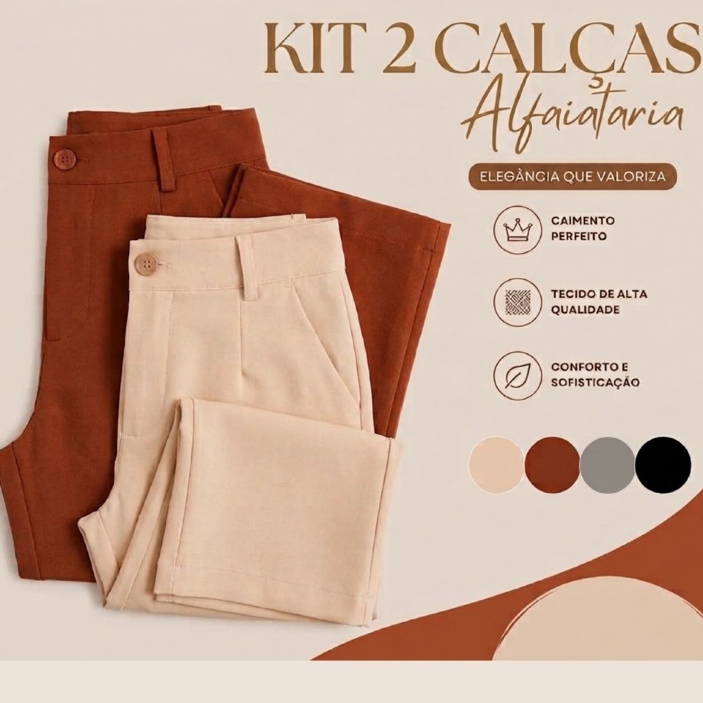 Kit 2 Calças Alfaiataria Reta Social Cintura Alta Com Bolso E Vinco Mais Elegancia E Conforto