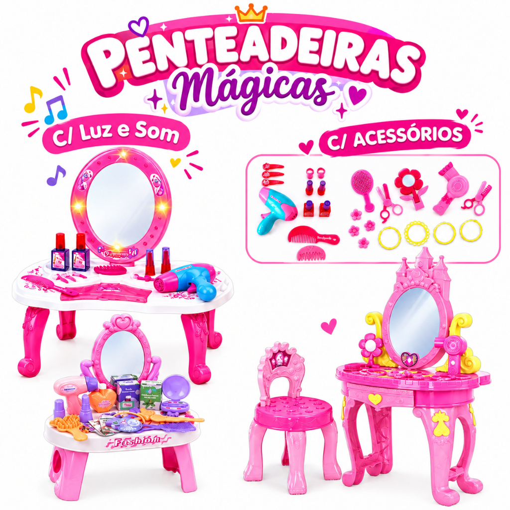 Kit Salão Penteadeira Infantil Brinquedo Acessórios + Banquinho Com Luz e Som