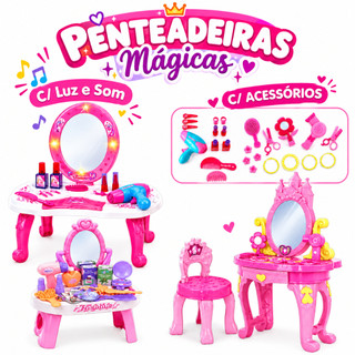 Kit Salão Penteadeira Infantil Brinquedo Acessórios + Banquinho Com Luz e Som