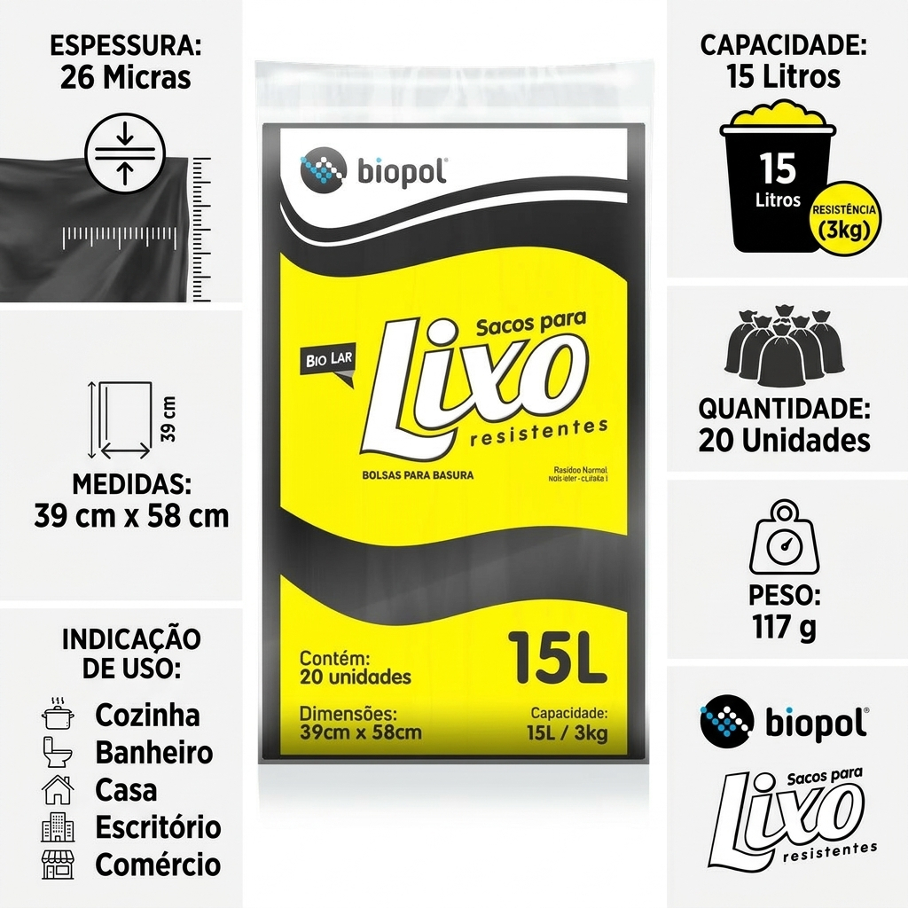 Saco de Lixo Resistentes Preto 15 Litros com 20 Sacos Casa Cozinha e Banheiro Direto da Fábrica