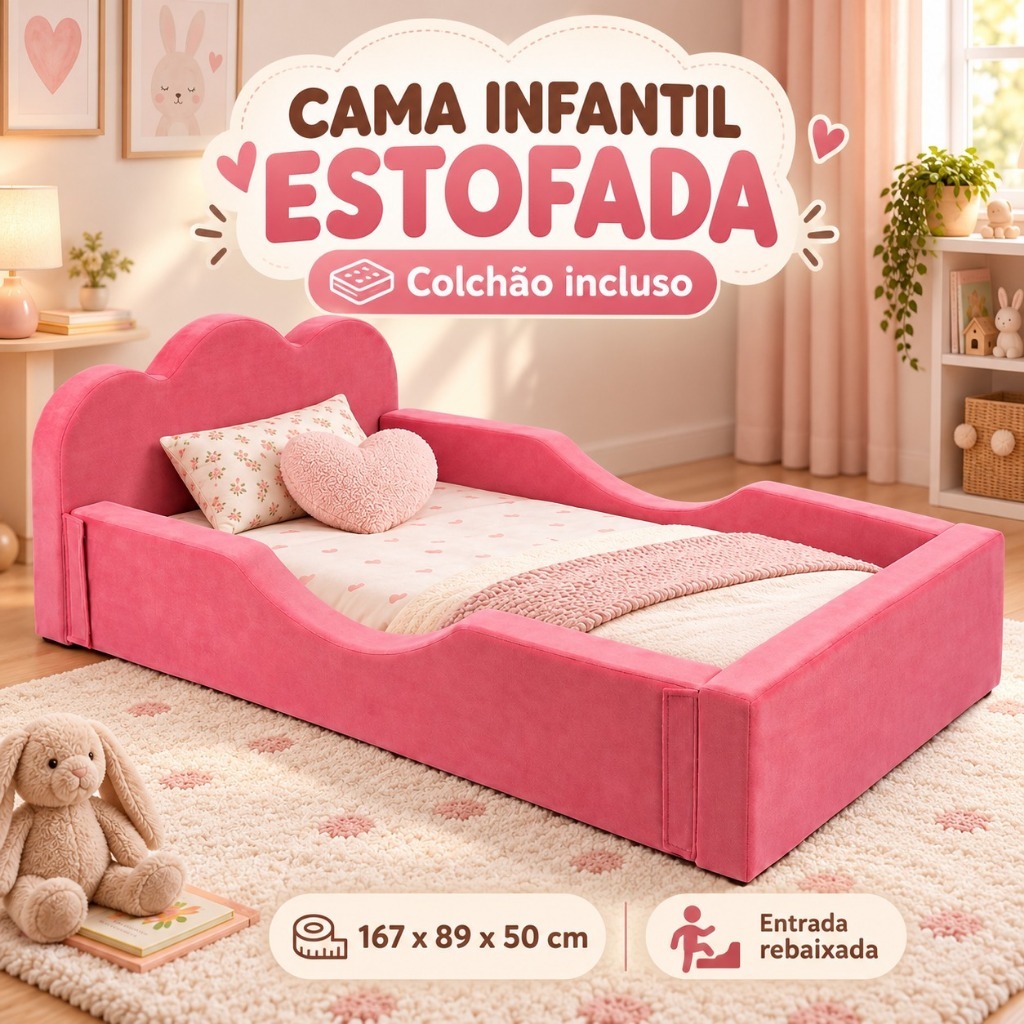 Mini Cama Infantil Montessoriana Pompom Espuma D26 Menina Menino Proteção Lateral Bege Rosa Azul Incluso Colchão - AV