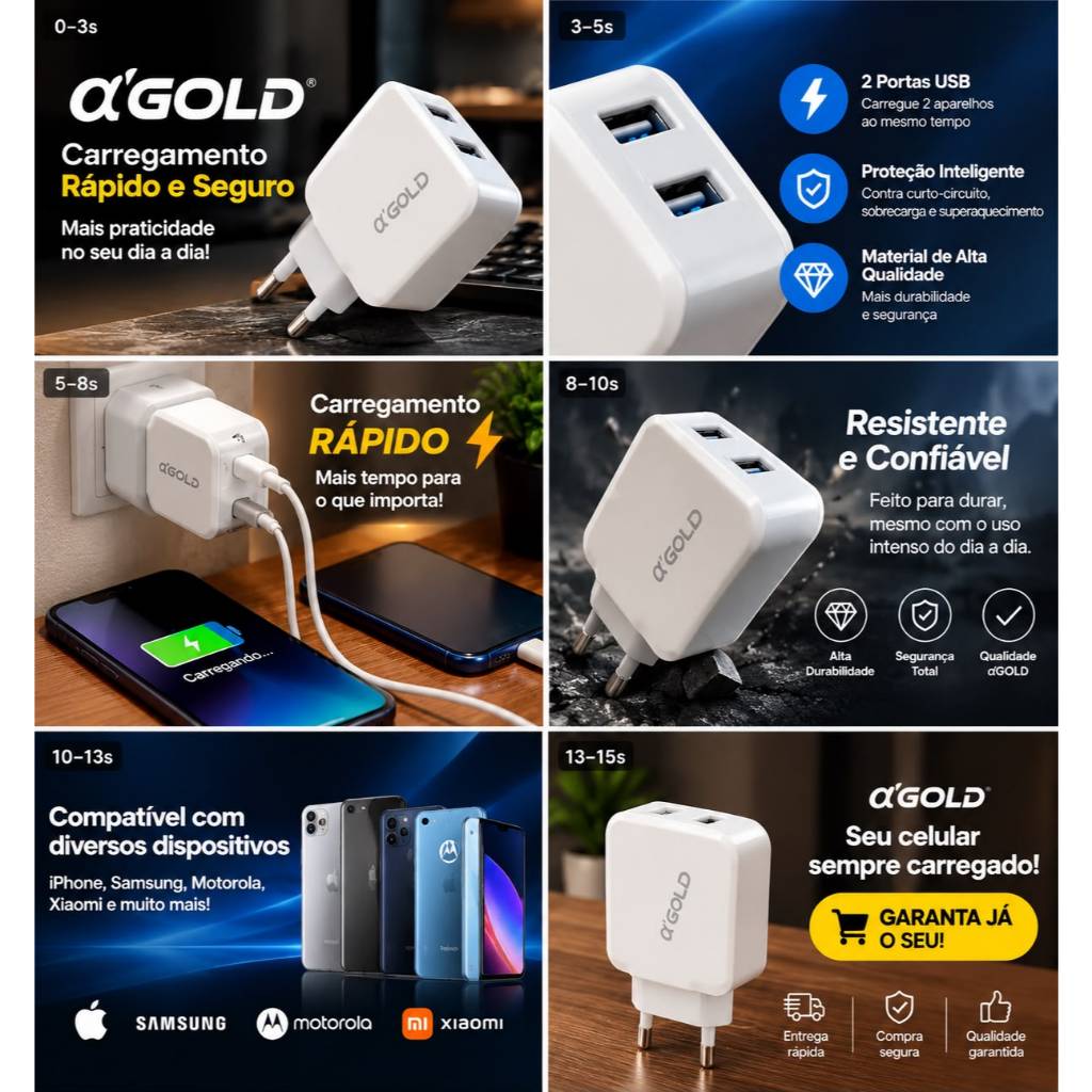 Kit fonte carregador A'GOLD IPhone /Tipo c/ V8 2usb 3.1A
