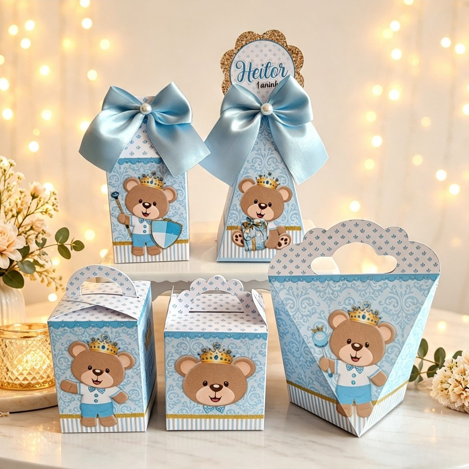 Kit Caixinhas Personalizadas URSINHO REALEZA PRÍNCIPE (azul claro) | Lembrancinha Aniversário Infantil