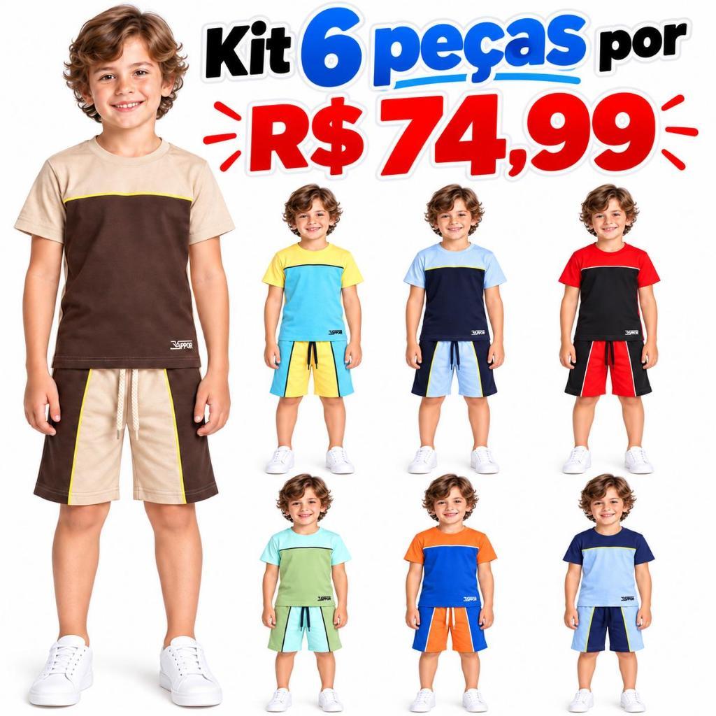 Kit 6 peças Conjunto Infantil 1-2-3-4-6-8 anosMasculino Menino Verão Camiseta e Bermuda Short Roupa Infantil Confortável