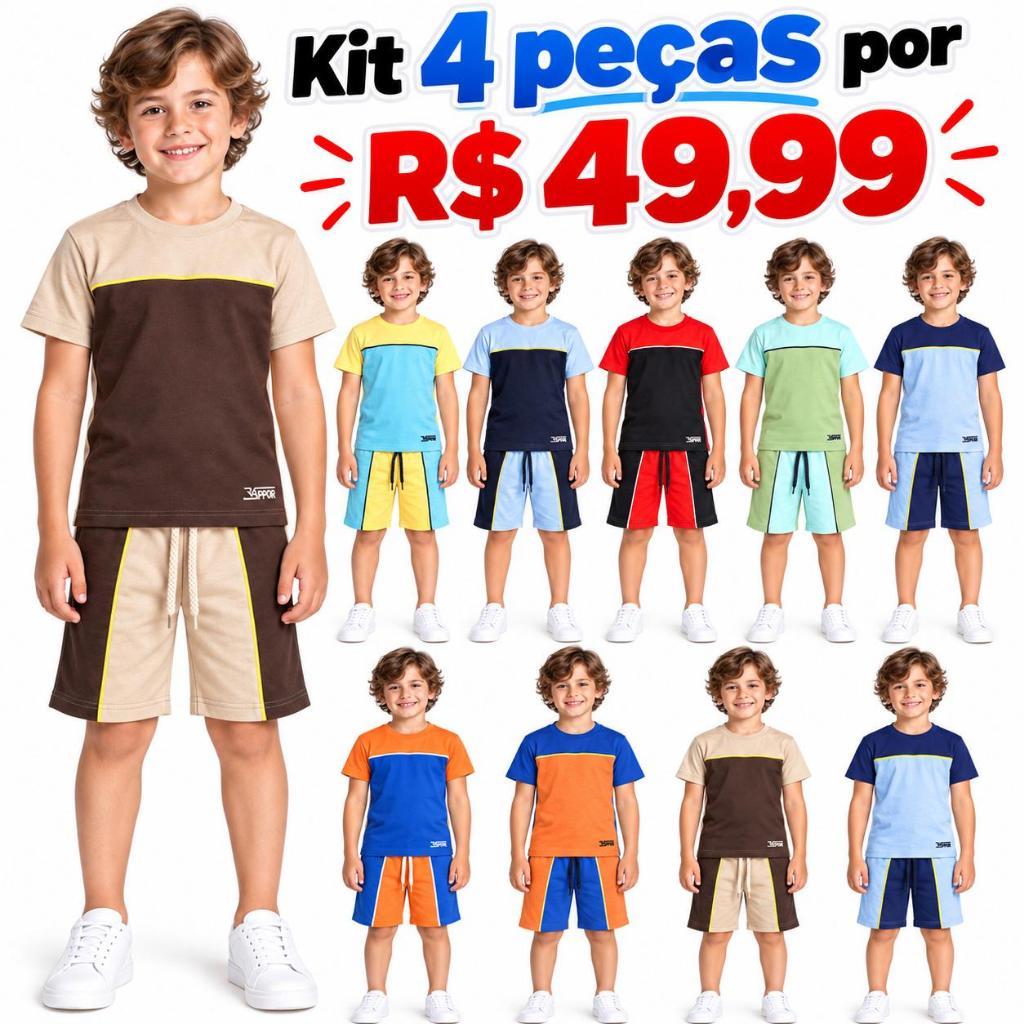 Kit 4 peças Conjunto Infantil 1-2-3-4-6-8 anosMasculino Menino Verão Camiseta e Bermuda Short Roupa Infantil Confortável