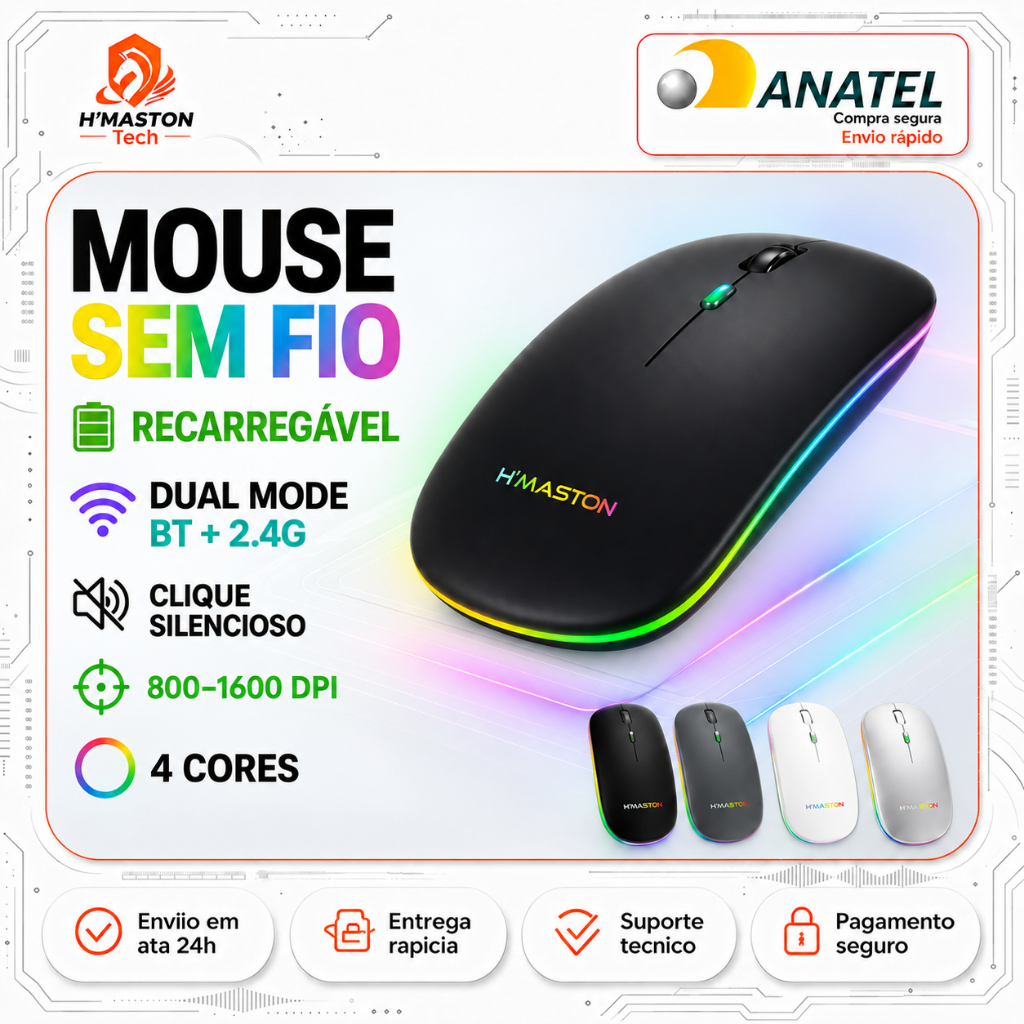 H'maston E-1300PRO Mouse Sem Fio Para Notebook Mouse Gamer Sem Fio Mouse Sem Fio Recarregável Mause Mouse Bluetooth