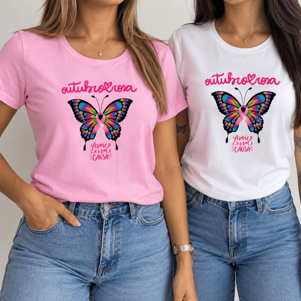 Camiseta Feminina Outubro Rosa Borboleta Estampada T-Shirt Blusa Feminina Manga Curta Gola Redonda Confortável Causa