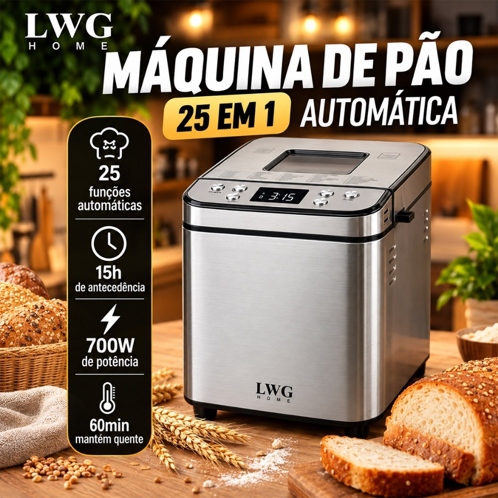 Máquina de Pão Automática 25 Programas Digital 700W Timer 15h Panificadora Elétrica