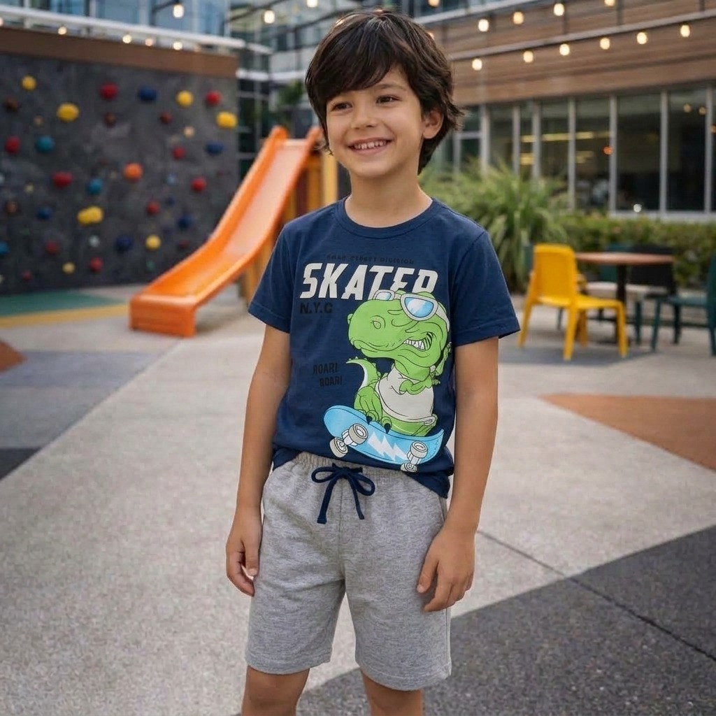 Conjunto Infantil Masculino Menino Camiseta Dinossauro e Bermuda Moletinho Confortável 04 a 10 Anos