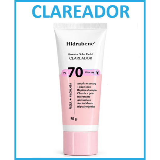 Protetor Solar Facial Hidrabene Clareador FPS 70 Antissinais Clareia a pele Toque Seco 50g Unidade ou Kit