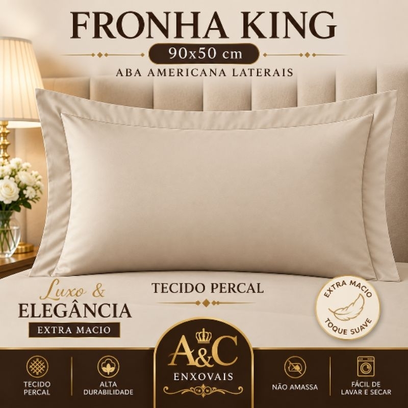 Kit 2 Fronhas King Para Travesseiro 90x50cm Com Aba Americana 3 Lados Percal 180 Fios Macio