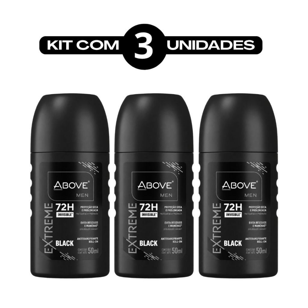 Kit 3 Unidades Above Extreme Black Men 50ml Antitranspirante 72h Proteção Above Sem Mancha Tecnologia Antiodor