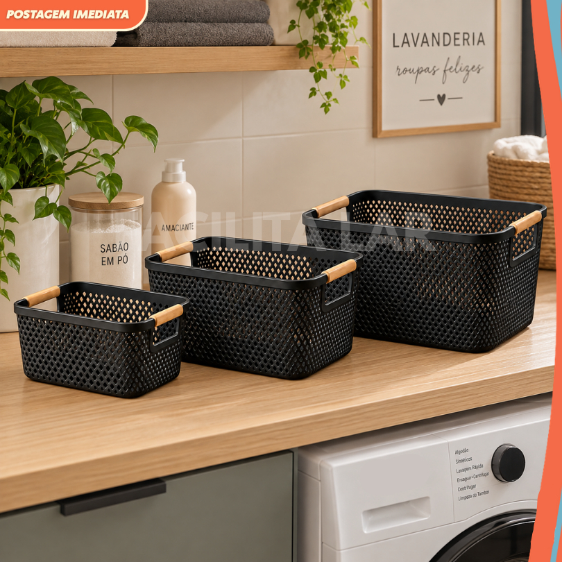 Kit Cesto organizador com alças em bambu – Multiuso para casa, banheiro, lavanderia e escritório