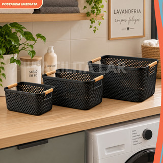 Kit Cesto organizador com alças em bambu – Multiuso para casa, banheiro, lavanderia e esc…