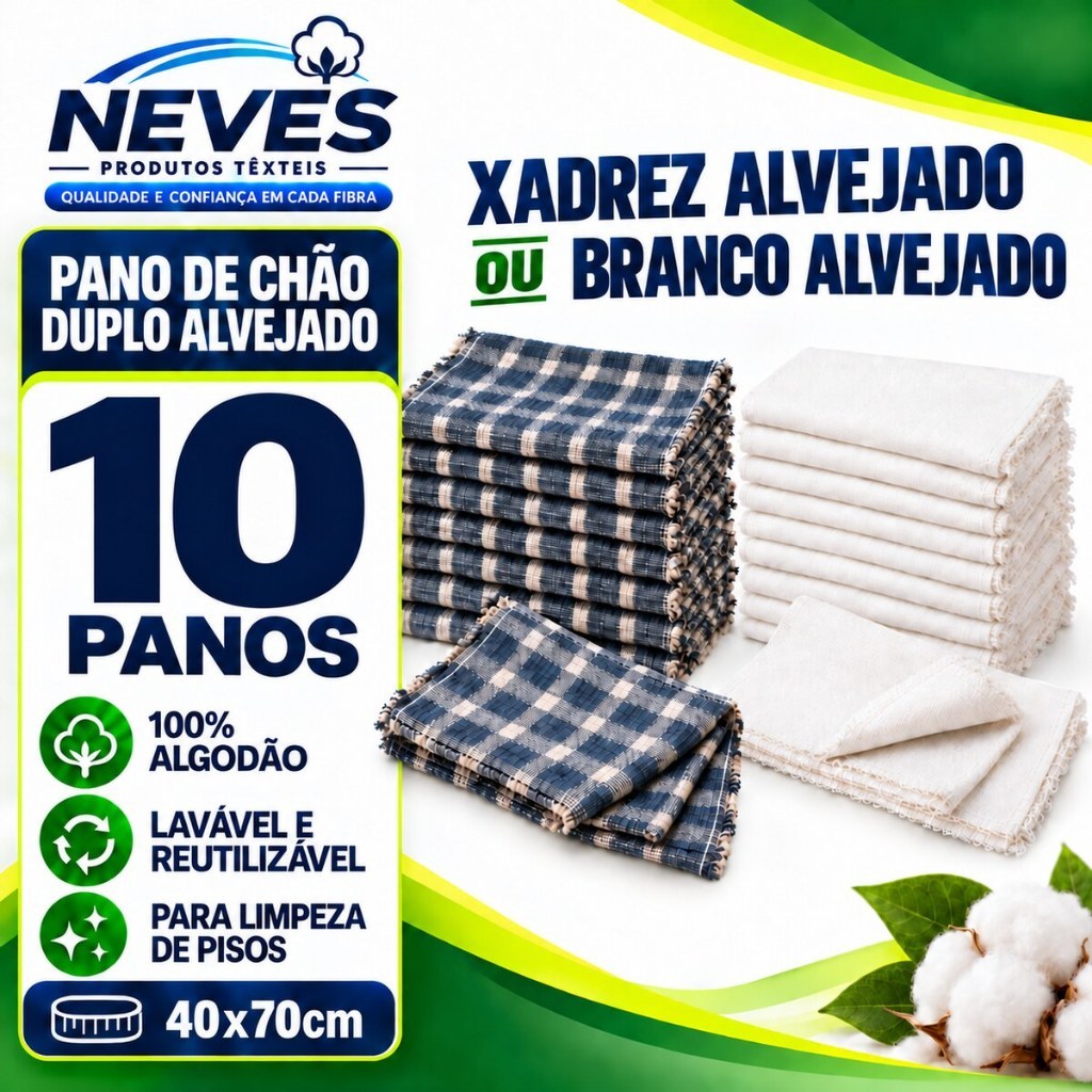 Kit c/ 10 Panos de Chão Grande 70x40cm - Saco Duplo Xadrez Azul Alvejado ou Branco Alvejado - Neves