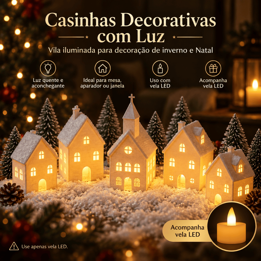 Kit 5 Casinha Natalina com Luz LED | Vila Decorativa Iluminada para Mesa, Aparador e Janela