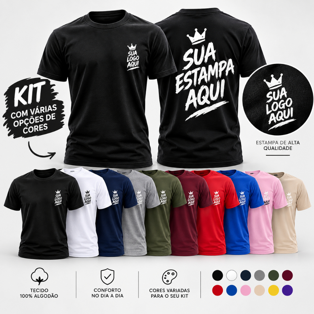 KIT 10 15 20 30 Camisetas  Personalizadas com Sua Logo Ou Estampa Preferida - 100% Algodão/uniformes
