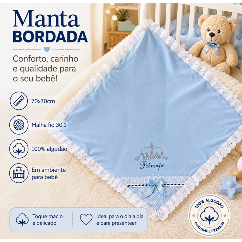Manta de Bebê Bordada 70x70 tecido hipoalergênico 100% algodão.