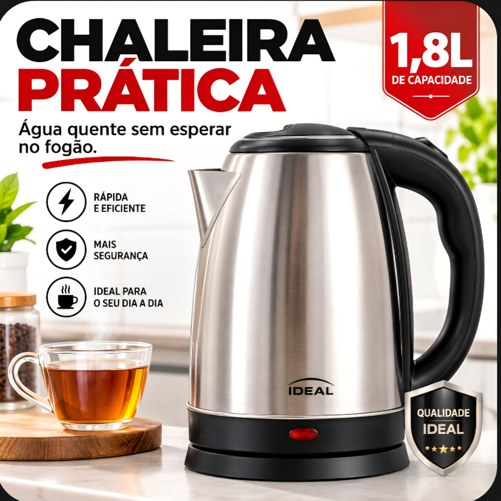Chaleira Elétrica 1,8L Inox 1000W 127V | Desligamento Automático | Base 360°