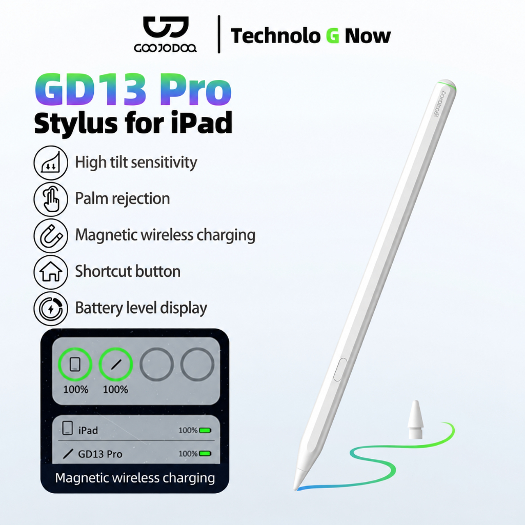Caneta Stylus GOOJODOQ GD13 Pro com tecla de retorno única e carregador sem fio para Pro 11/12.9, Air 4/5, mini6 e 10TH