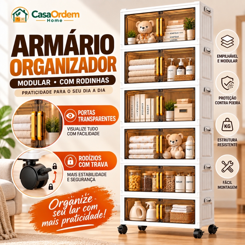 Armário Organizador Multiuso Caixa Organizadora Dobrável Armário de Plástico Empilhável com Rodízios Organizador para