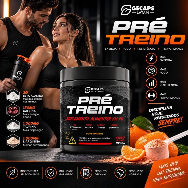 Pré Treino 300g Sabor Tangerina | GL Suplemento Alimentar em Pó | Beta-Alanina Cafeína Taurina L-Arginina