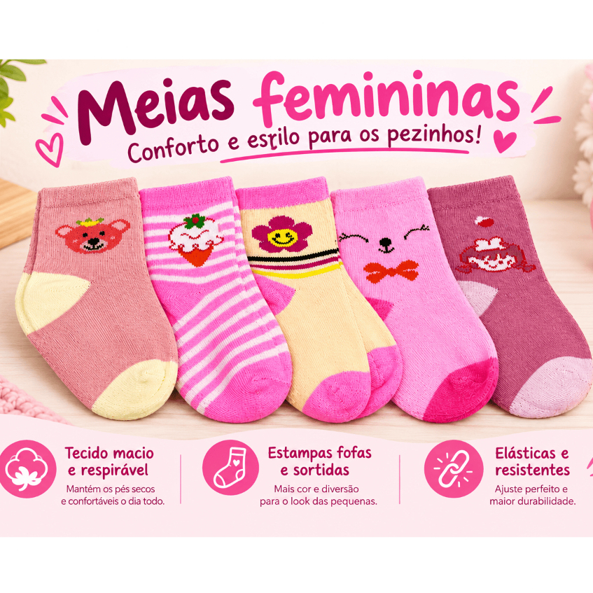 Kit 12 Meias Infantil Bebê Criança Menina 0 a 10 Anos Algodão com Elastano Confortável Estampas Femininas Sortidas