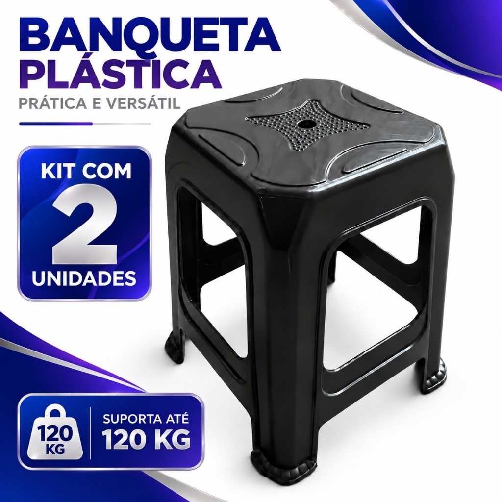 Kit 02 Banqueta Plástico Banco Resistente Suporta Até 120 Kg Empilhável Preta Multiuso Reforçado