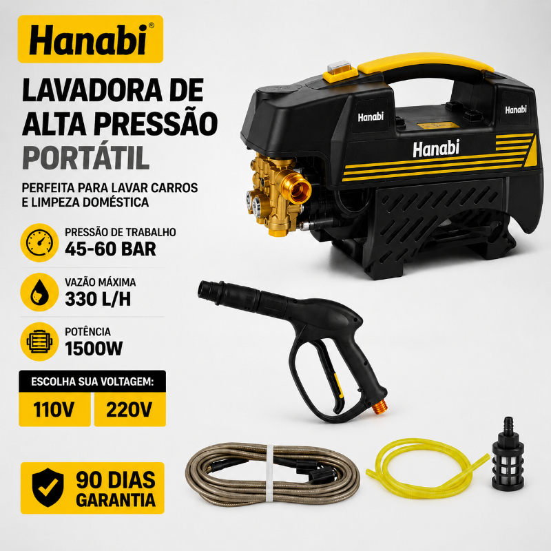 【Hanabi】Lavadora de Alta Pressão 1500W 300L/h Elétrica Jato Regulável Lava Jato Portátil para Carro Casa e Jardim