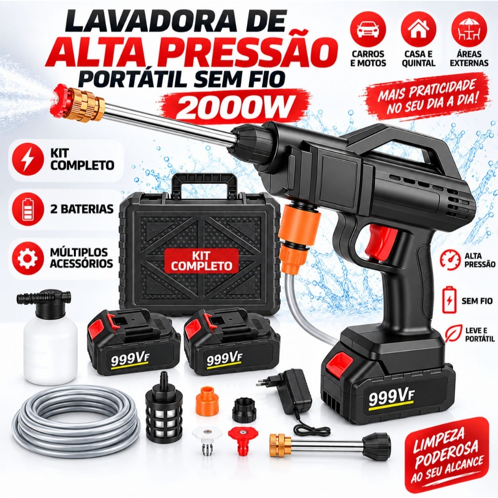 STARMEGA Lavadora Alta Pressão Sem Fio 2000W 100 pa, 2 Baterias, Kit Completo, para Carro, Casa e Quintal Limpar bem