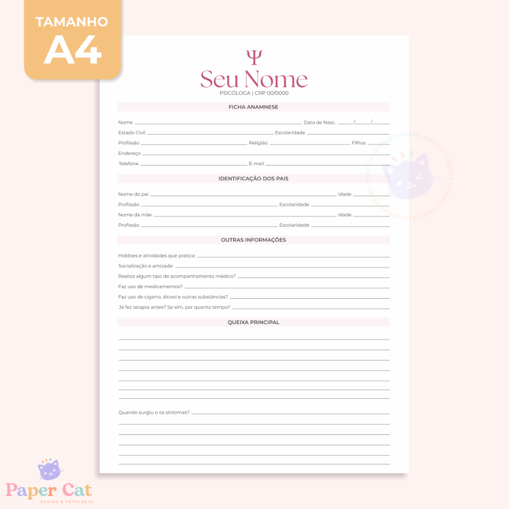 Bloco Anamnese | Psicologia | Personalizado | Tamanho A4 | 50 Folhas