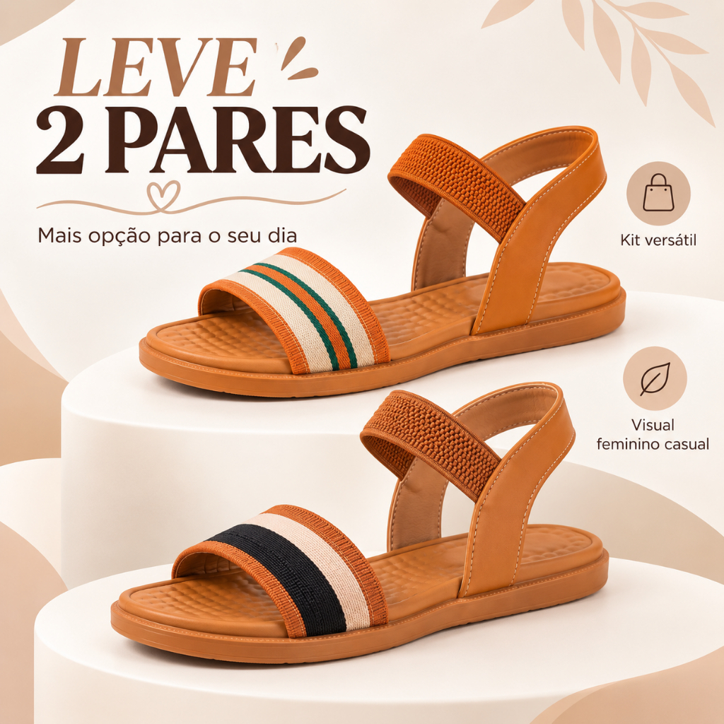 Kit 2 Sandália Feminina Passeio Rasteira Elástico Casual Palmilha Macia Confortável Leve Antiderrapante