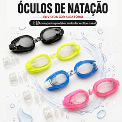 Óculos de Natação com Protetor Auricular e Clipe Nasal Silicone Ajustável Antiembaçante Prático