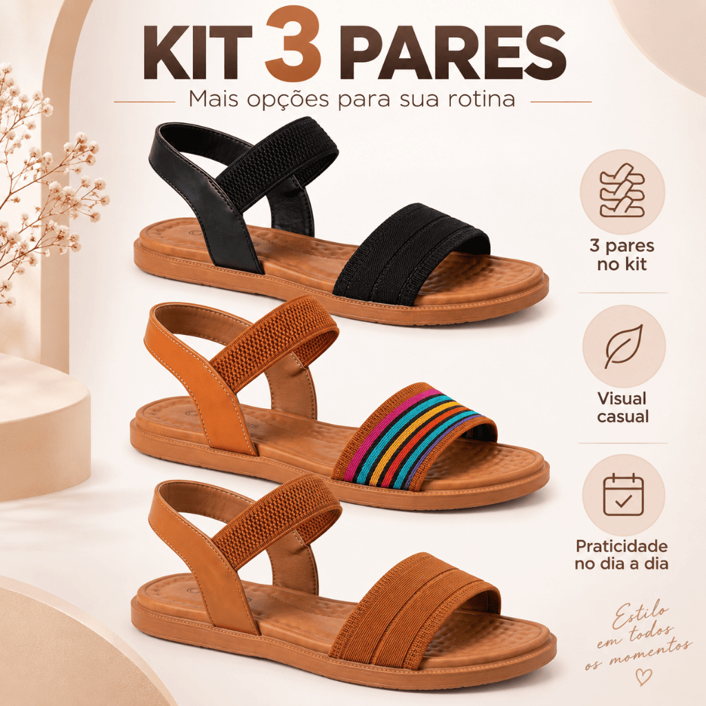 Kit 3 Pares Sandália Elástico Casual Feminina Rasteira Leve Palmilha Macia Confortável Sem Salto Antiderrapante