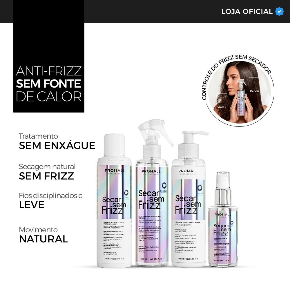 Kit Secar sem Frizz — Shampoo, Sérum, Leave-In e Óleo de Blindagem — Antifrizz e Brilho Intenso