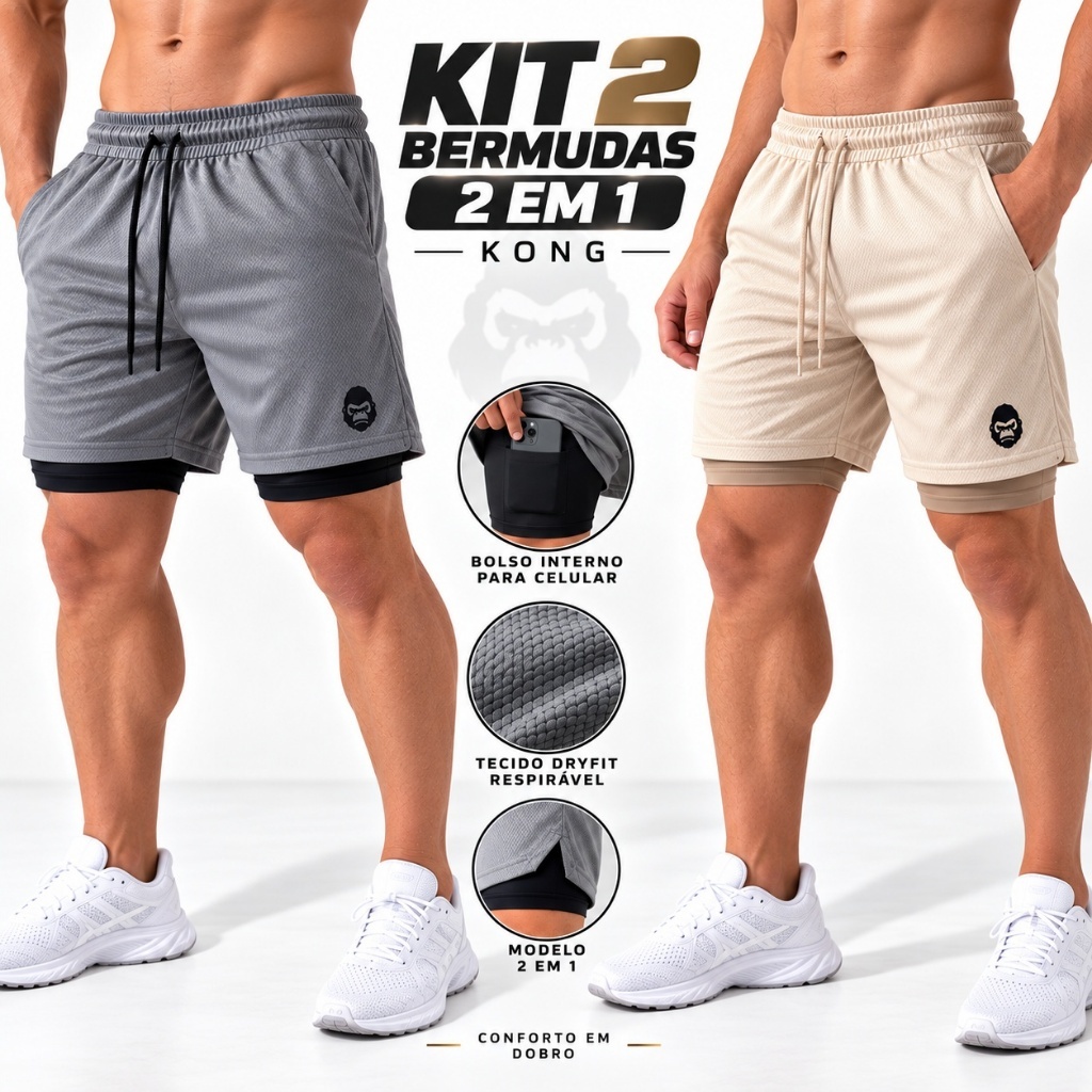 Kit 2 Bermudas Masculinas 2 em 1 KONG Dry Fit Com Compressão Bolso Celular Academia Treino Corrida Performance