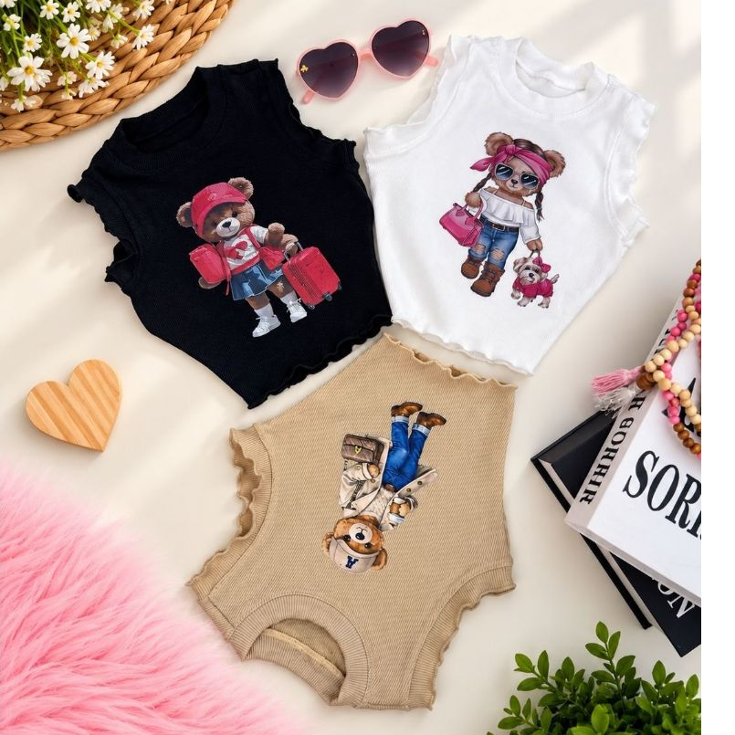 Blusinha Regata Infantil Menina  Ursinho Canelada  Look Fofo Encantador Confortavel estilosa.