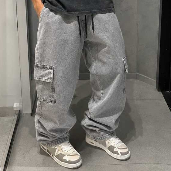 Calça Cargo Jeans Estonado Cinza