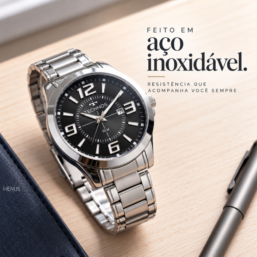 Relógio Technos Masculino Aço Inoxidável Prata Fundo Preto Analógico Prova Dagua Grande Original — imagem 2 de 2
