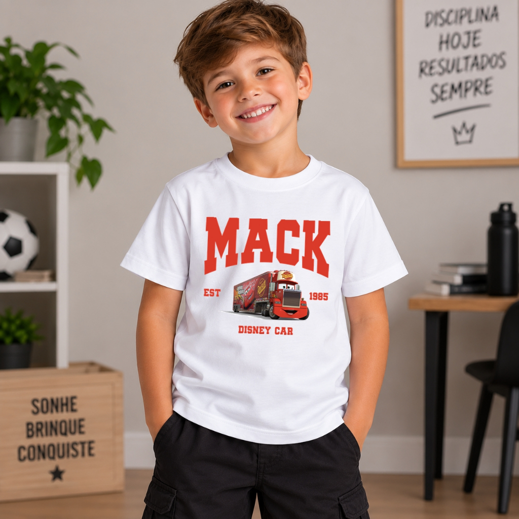 Camiseta Infantil Masculina Juvenil Mack Carros 100% Algodão Estampada Moderna Manga Curta Verão