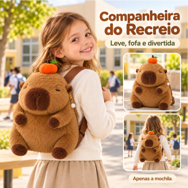 Mochila de Costas Capivara Fofa em Pelúcia Bolsa Infantil para Escola Passeio Viagem e Uso no Dia a Dia