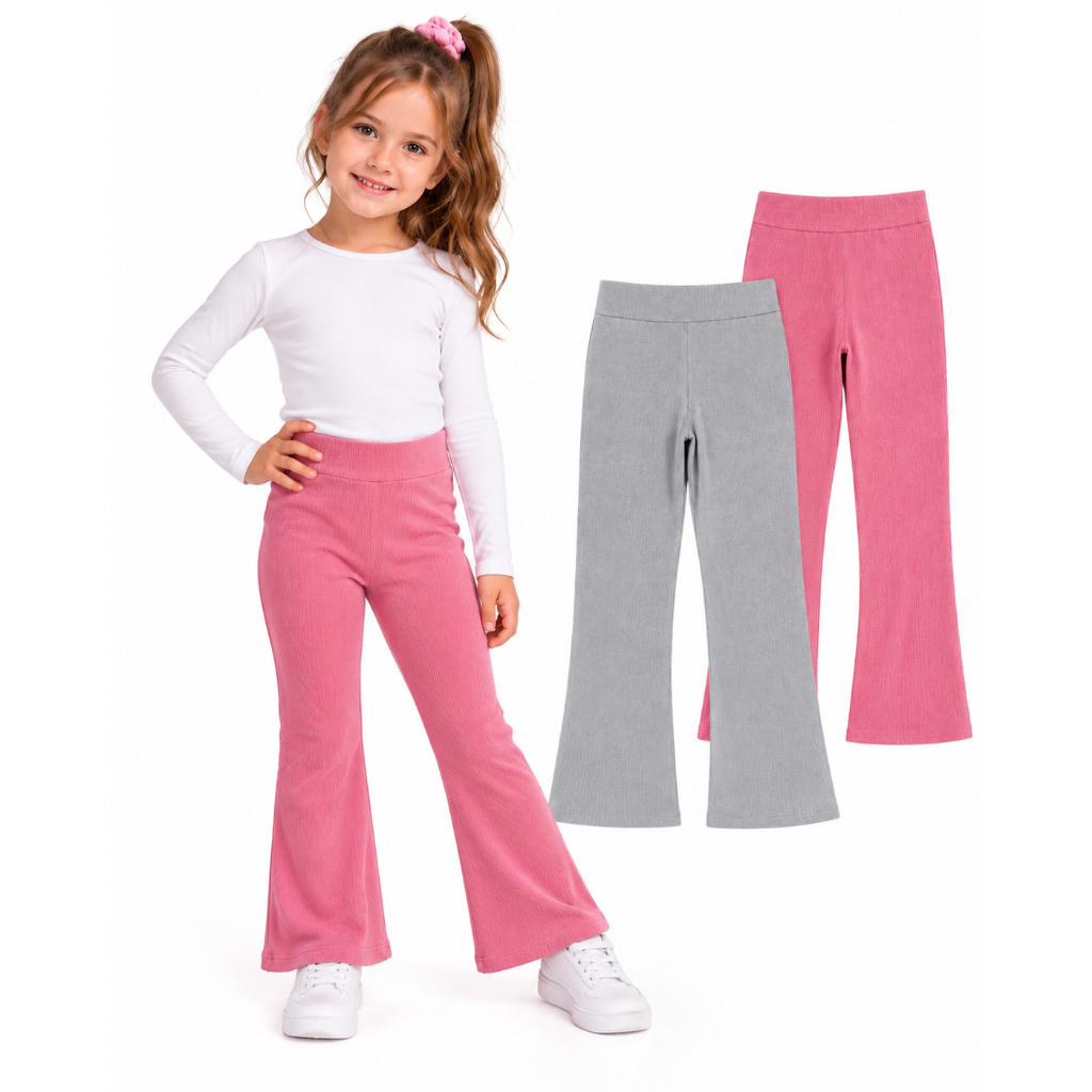 Calça Infantil Flare Lã Canelada Menina Inverno Rosa Cinza Frio Feminina Criança Quentinha
