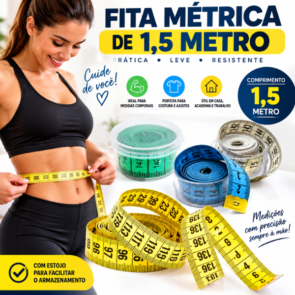 Fita Métrica 1,5 Metros Flexível para Costura Alfaiataria Medidas Corporais com Estojo 150cm