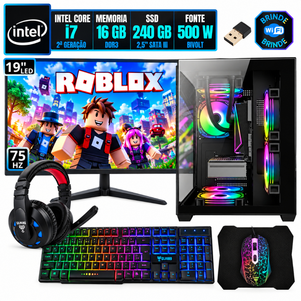 PC Gamer Computador Completo Kit Intel i7 16GB SSD 240GB Monitor 19 Gabinete Aquário + Combo Pronto